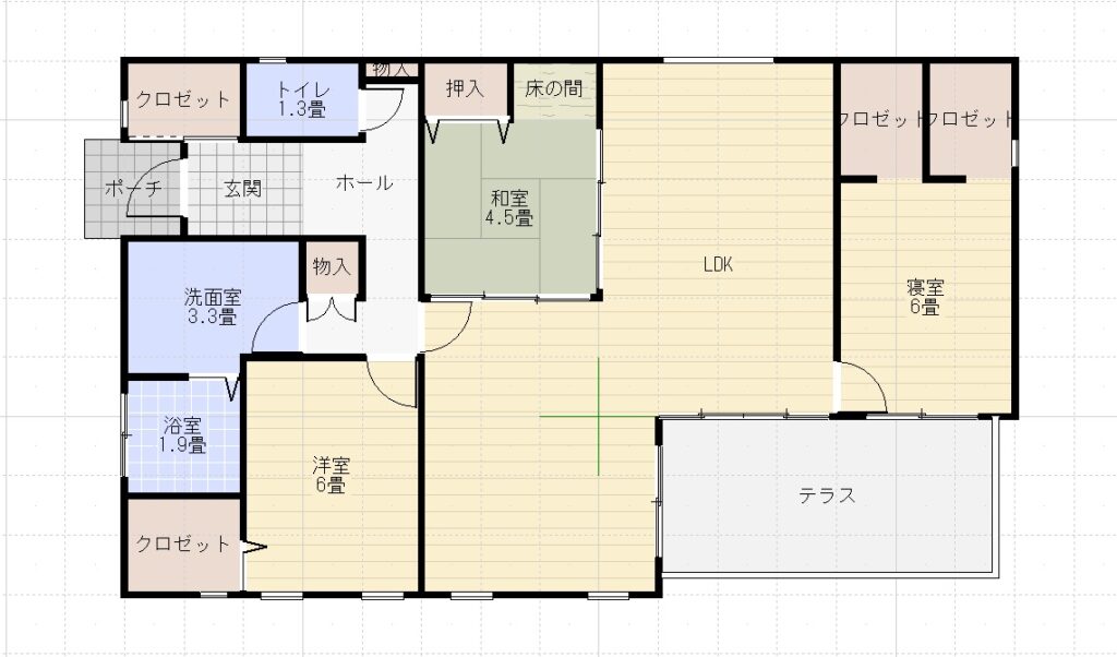 ユニバーサルホーム平屋30坪西玄関横長3LDK間取り
