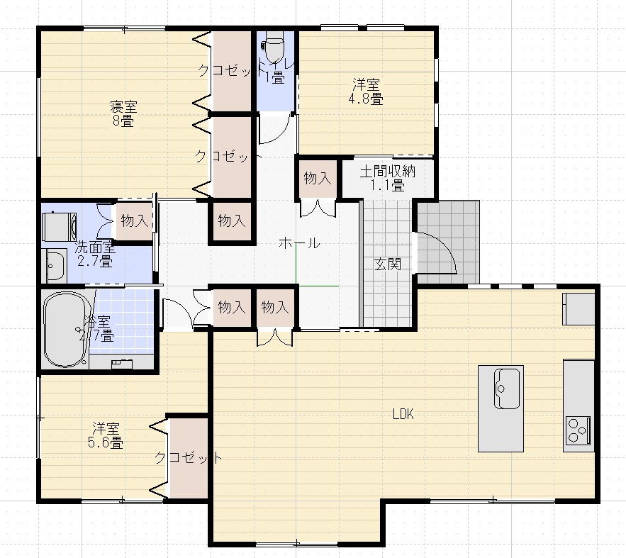 32坪平屋東玄関3LDK桧家住宅間取り