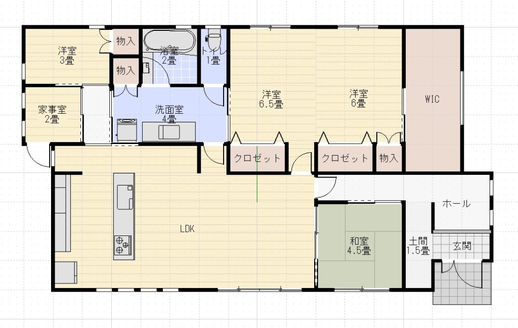 33坪平屋南玄関3LDK桧家住宅間取り
