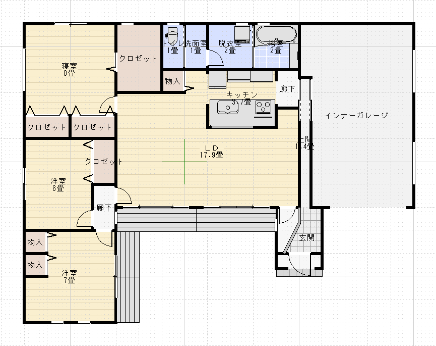41.5坪3LDK南玄関桧家住宅平屋インナーガレージ付き間取り