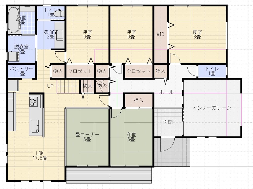 43坪平屋南玄関4LDK桧家住宅間取り