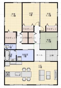 30坪、平屋、東玄関、4LDKパナソニックホームズの間取り