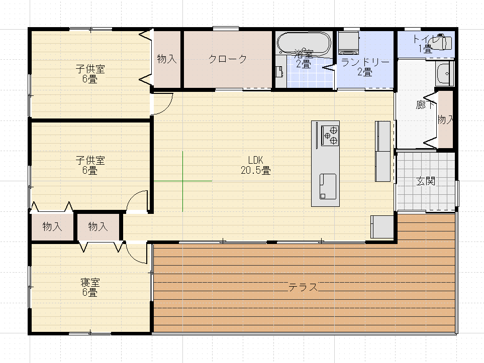 平屋27坪南玄関3LDK横長エイワン間取り