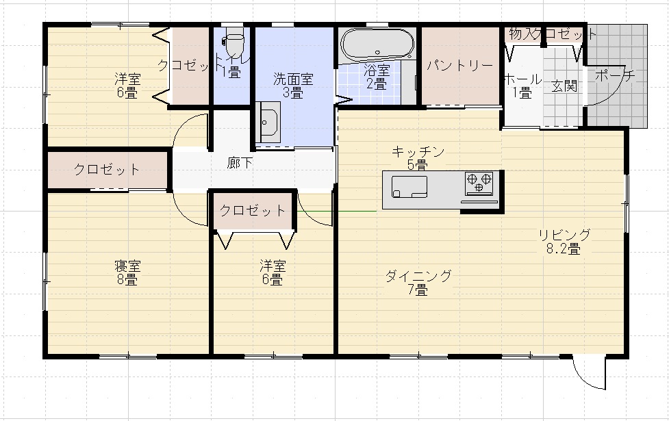 スウェーデンハウス平屋30坪東玄関横長間取り